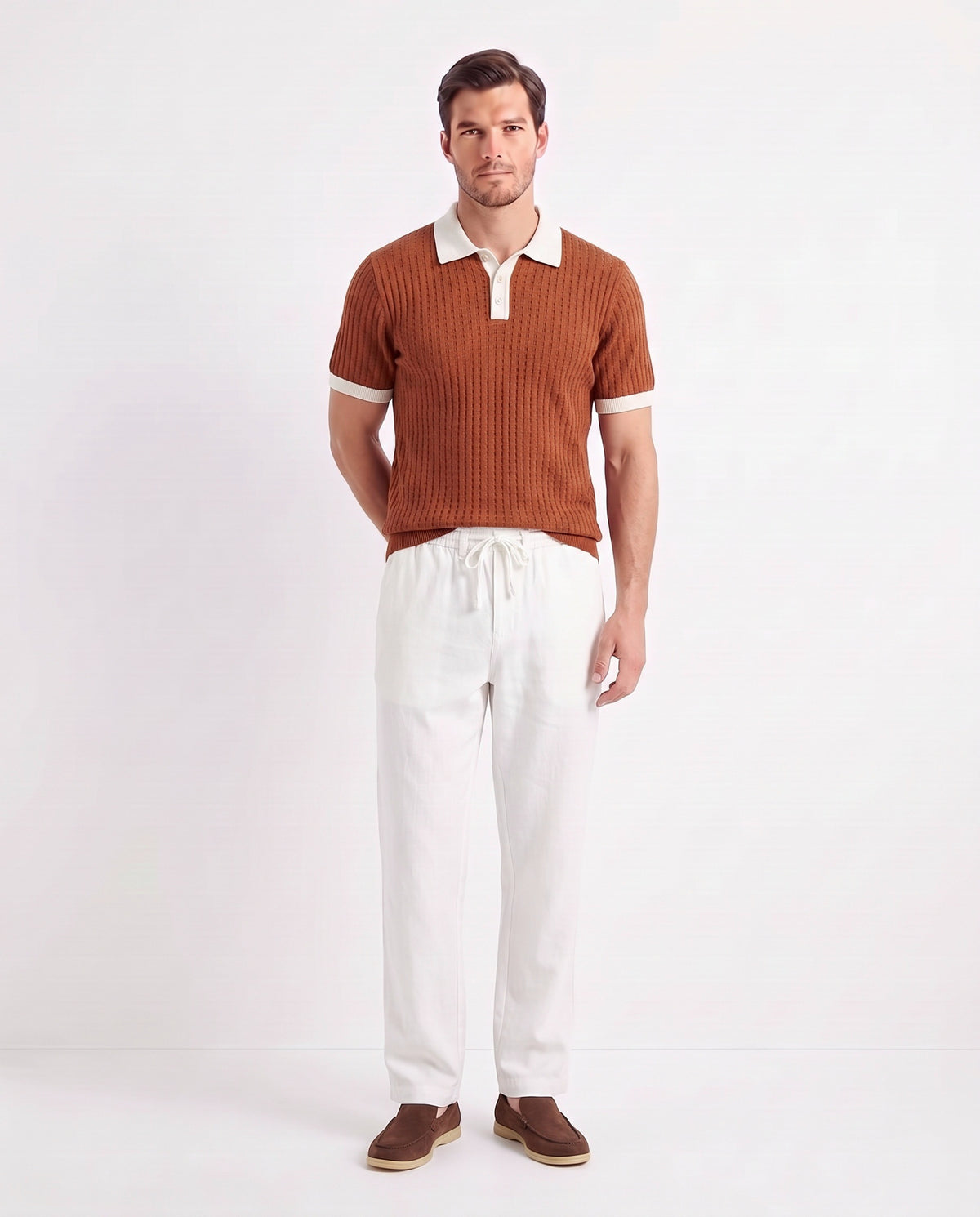 Linen Trouser, Drawstring — White — full look on the model, worn with Contrast Collar Knit Polo — Rust and Terra Loafer — Cocoa, Beige Sole