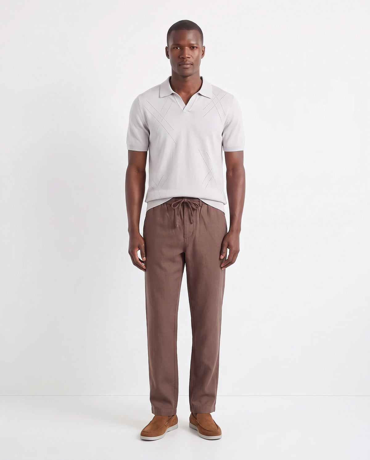 Open-Collar Knit Polo — Pale Grey — full look on the model, worn with Linen Trouser, Drawstring — Brown and Terra Loafer — Tobacco, Light Grey Sole
