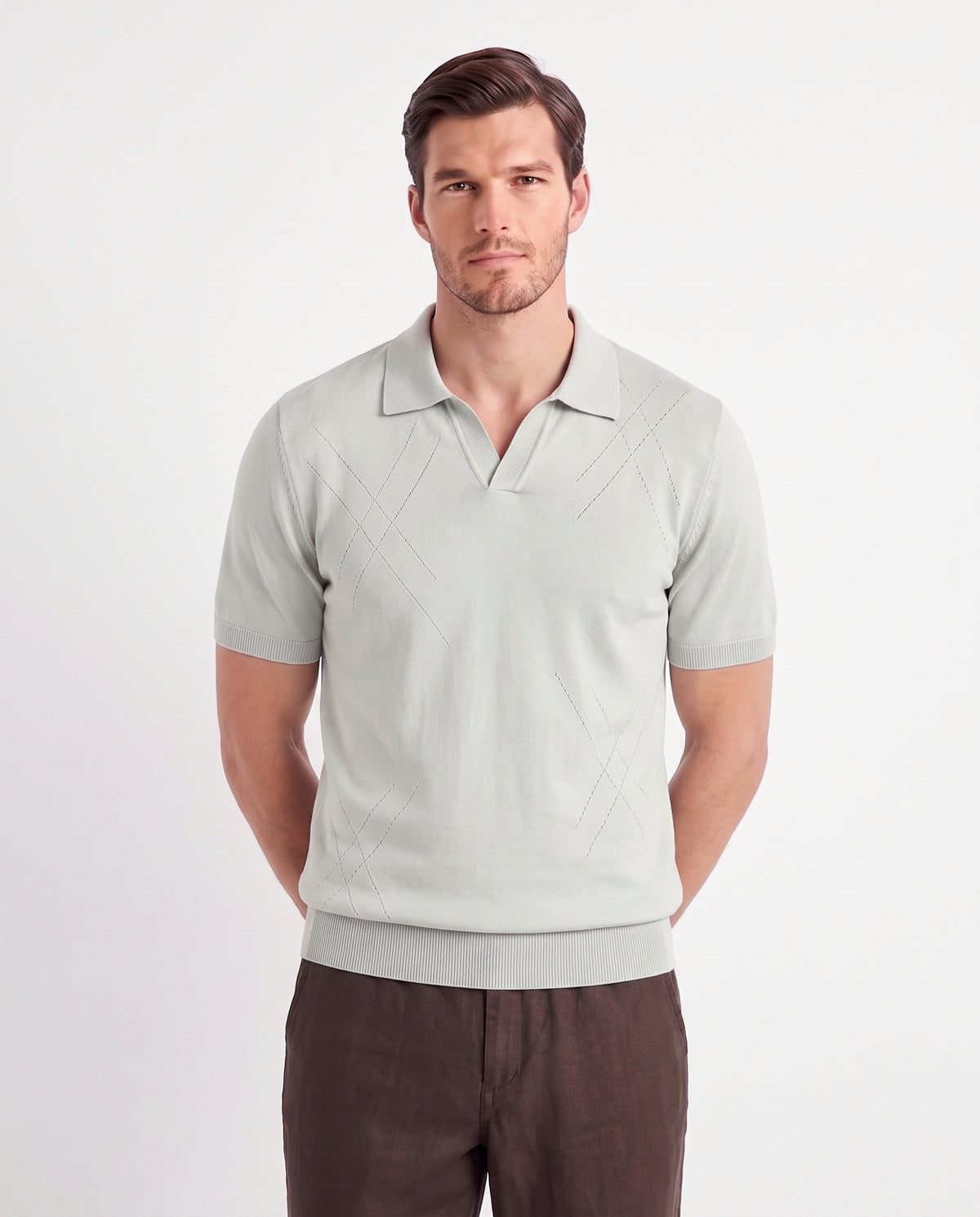 Open-Collar Knit Polo — Pale Grey — close-up on the model, worn with Linen Trouser, Button Waist — Dark Brown and Terra Loafer — Stone Grey, Beige Sole