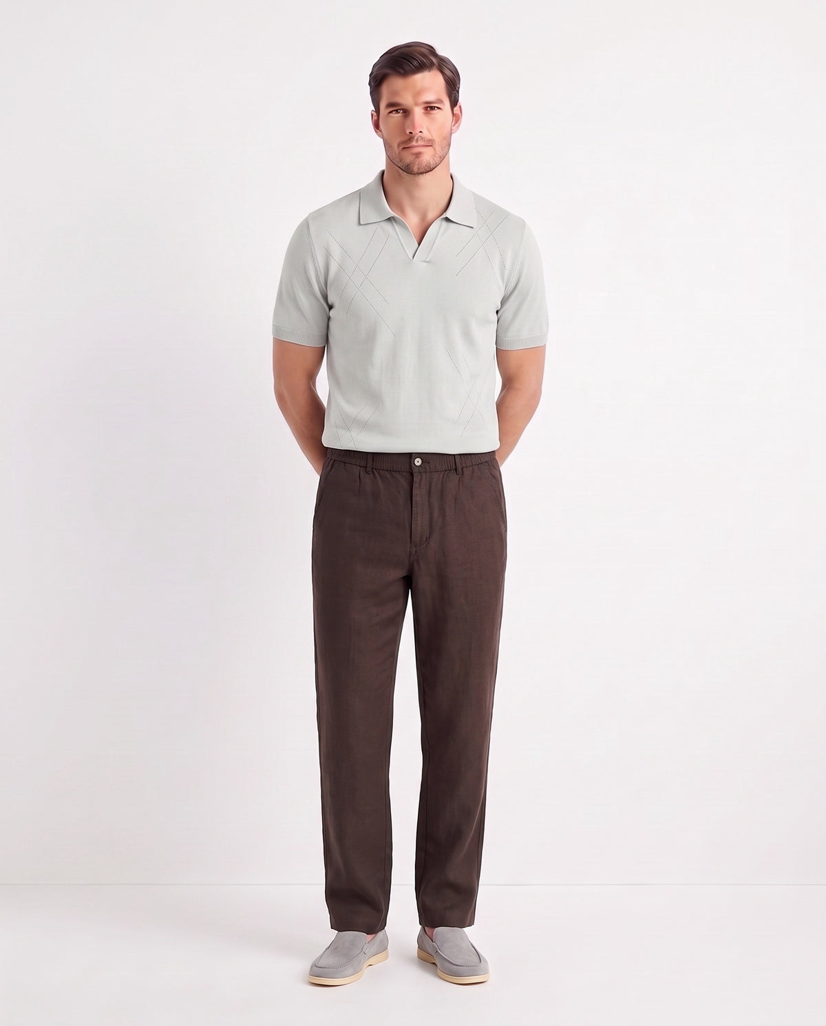 Open-Collar Knit Polo — Pale Grey — full look on the model, worn with Linen Trouser, Button Waist — Dark Brown and Terra Loafer — Stone Grey, Beige Sole