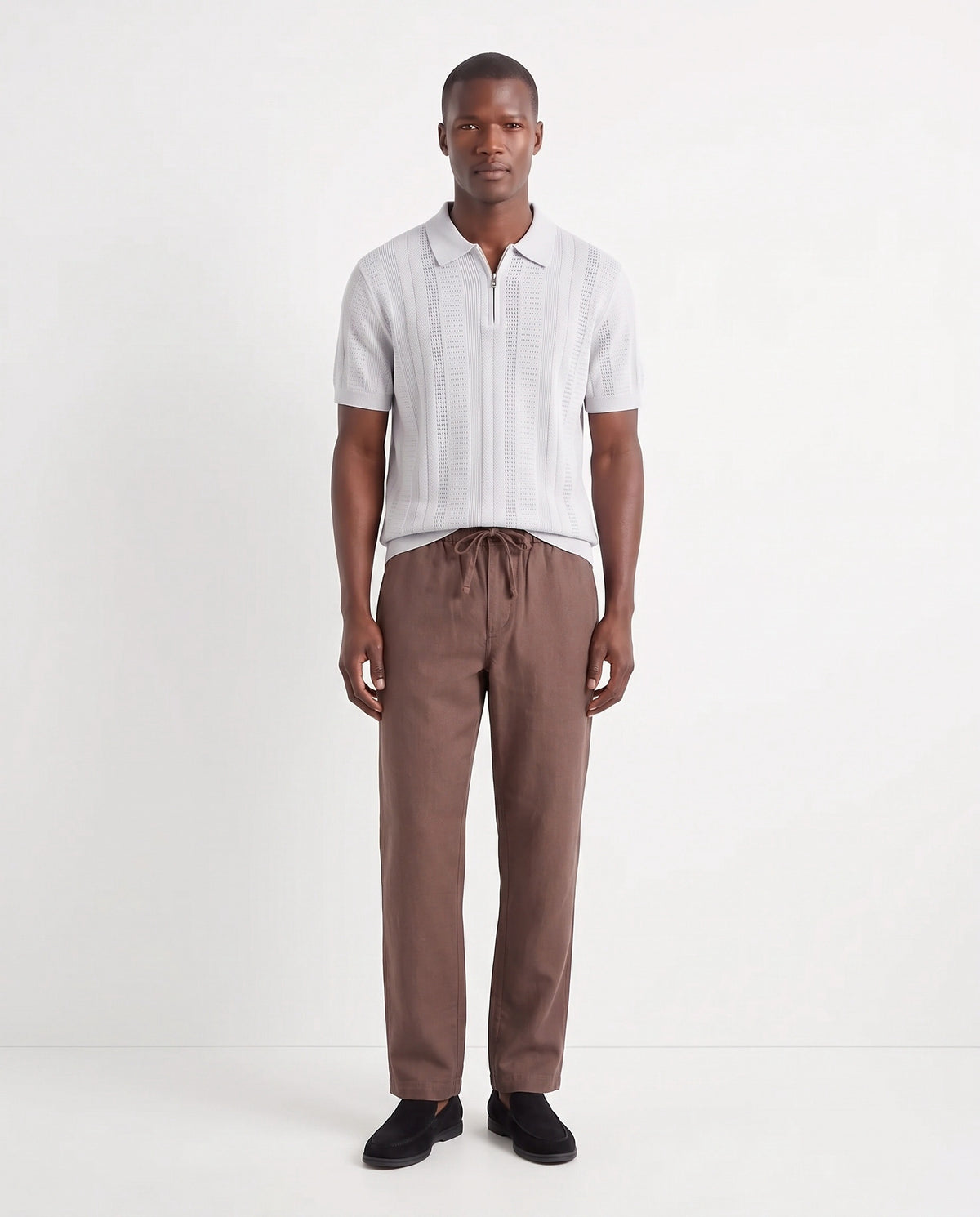 Quarter-Zip Knit Polo — Light Grey — full look on the model, worn with Linen Trouser, Drawstring — Brown and Terra Loafer — Black Suede, Black Sole