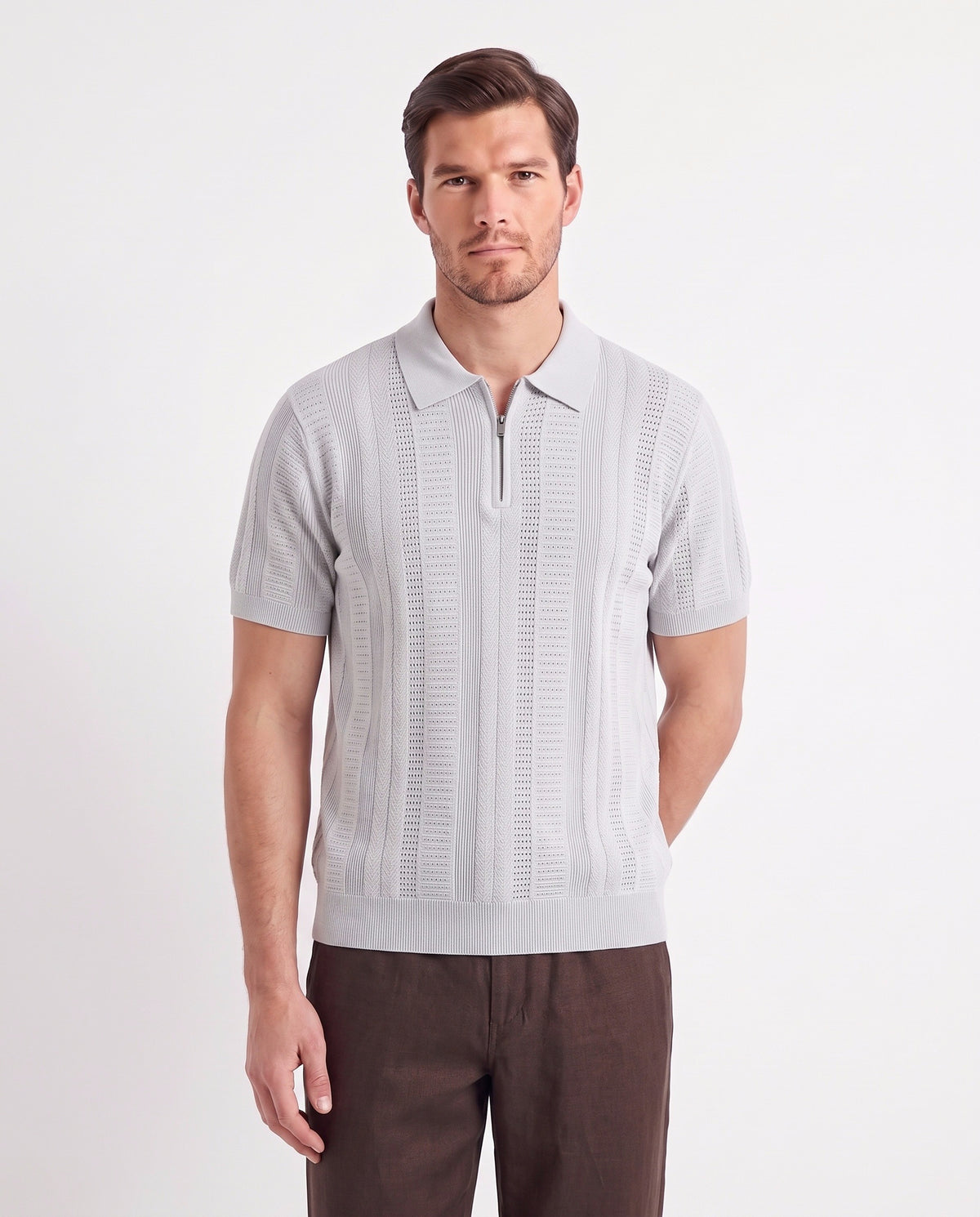 Quarter-Zip Knit Polo — Light Grey — close-up on the model, worn with Linen Trouser, Button Waist — Dark Brown and Dune Mule — Cream