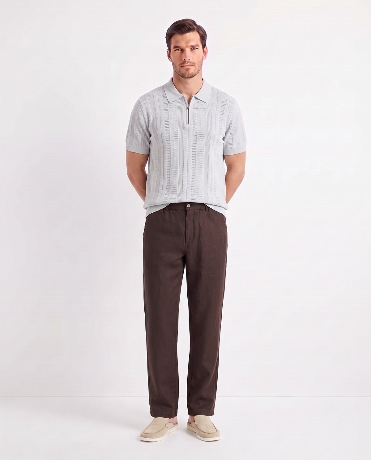 Quarter-Zip Knit Polo — Light Grey — full look on the model, worn with Linen Trouser, Button Waist — Dark Brown and Dune Mule — Cream