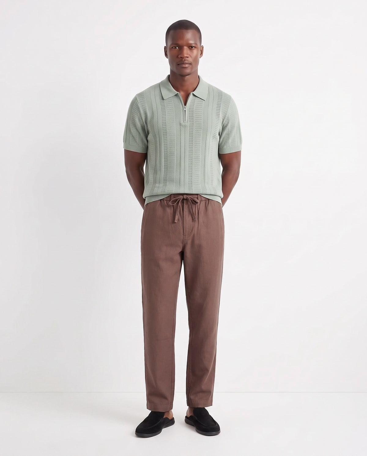 Quarter-Zip Knit Polo — Sage Green — full look on the model, worn with Linen Trouser, Drawstring — Brown and Dune Mule — Black, Black Sole