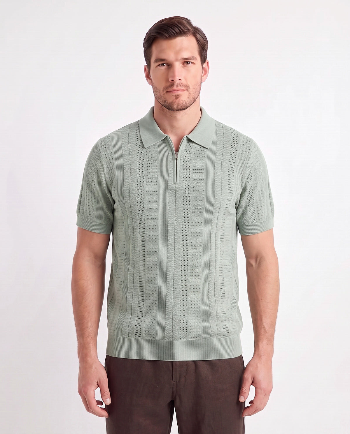 Quarter-Zip Knit Polo — Sage Green — close-up on the model, worn with Linen Trouser, Button Waist — Dark Brown and Terra Loafer — Olive Suede, White Sole