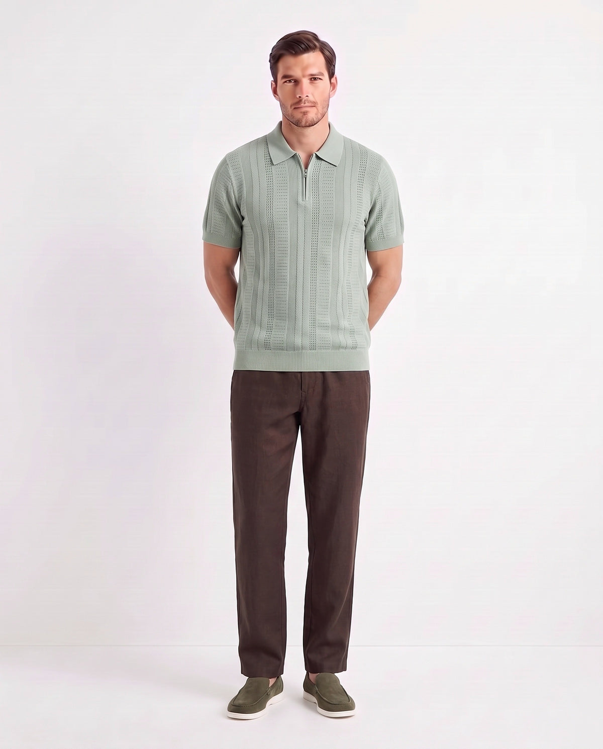 Quarter-Zip Knit Polo — Sage Green — full look on the model, worn with Linen Trouser, Button Waist — Dark Brown and Terra Loafer — Olive Suede, White Sole
