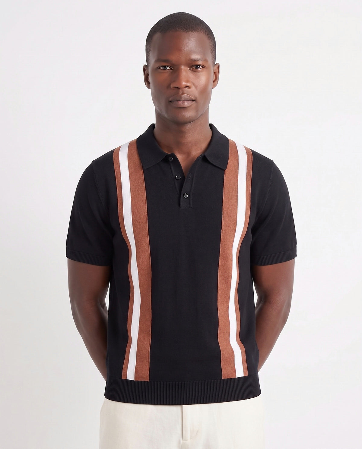 Retro Stripe Knit Polo — Black — close-up on the model, worn with Linen Trouser, Button Waist — Cream and Terra Loafer — Black Suede, Beige Sole