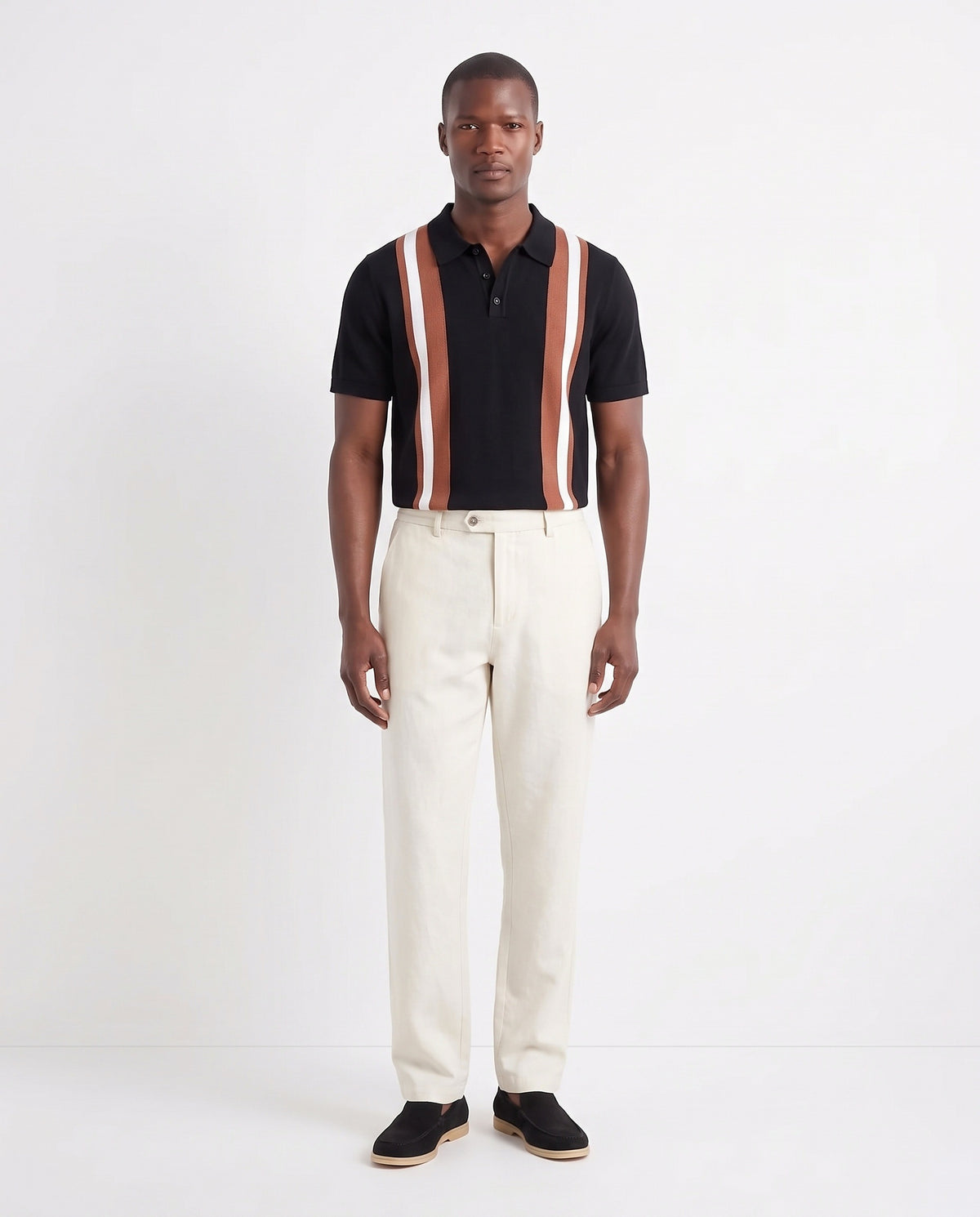 Retro Stripe Knit Polo — Black — full look on the model, worn with Linen Trouser, Button Waist — Cream and Terra Loafer — Black Suede, Beige Sole