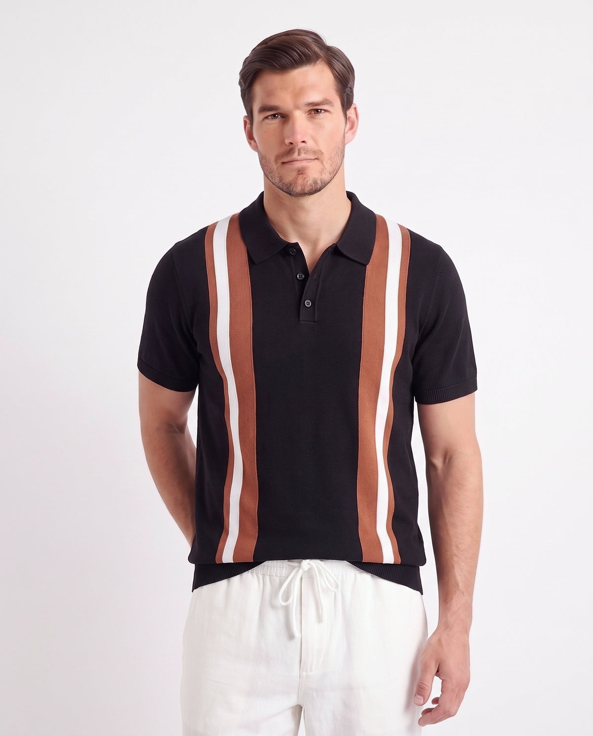 Retro Stripe Knit Polo — Black — close-up on the model, worn with Linen Trouser, Drawstring — White and Dune Mule — Dusk Blue