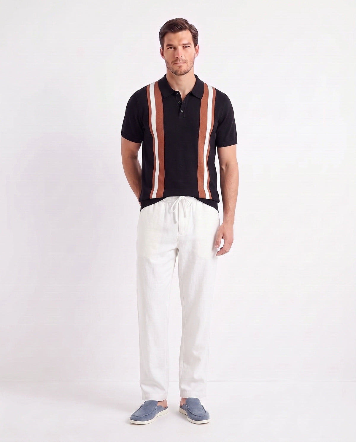 Retro Stripe Knit Polo — Black — full look on the model, worn with Linen Trouser, Drawstring — White and Dune Mule — Dusk Blue