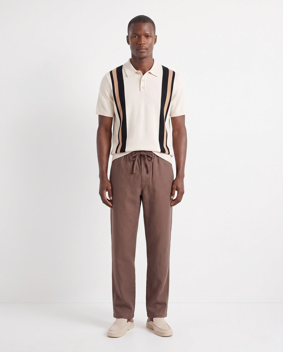 Retro Stripe Knit Polo — Cream — full look on the model, worn with Linen Trouser, Drawstring — Brown and Dune Mule — Cream