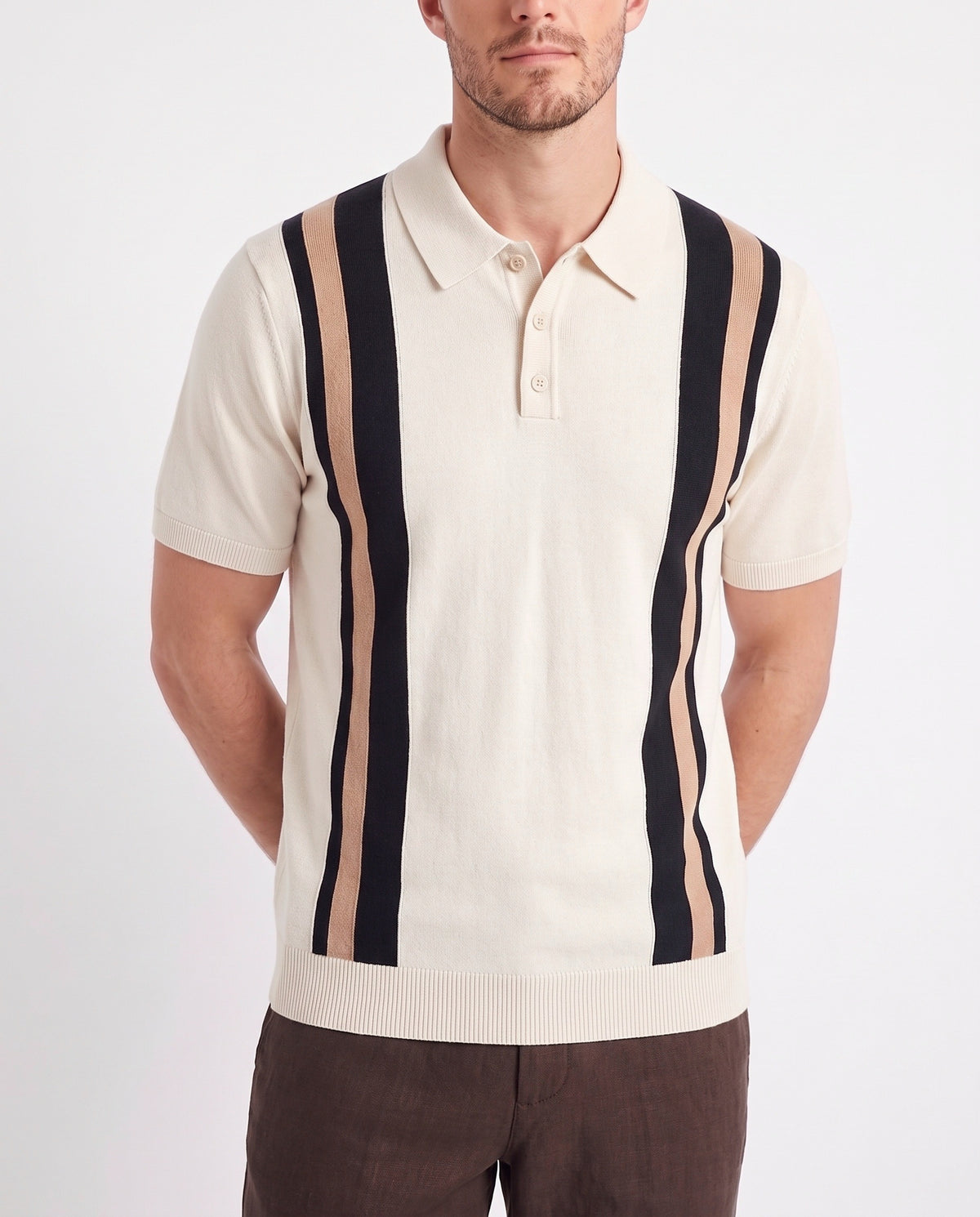 Retro Stripe Knit Polo — Cream — close-up on the model, worn with Linen Trouser, Button Waist — Dark Brown and Dune Mule — Black, Black Sole
