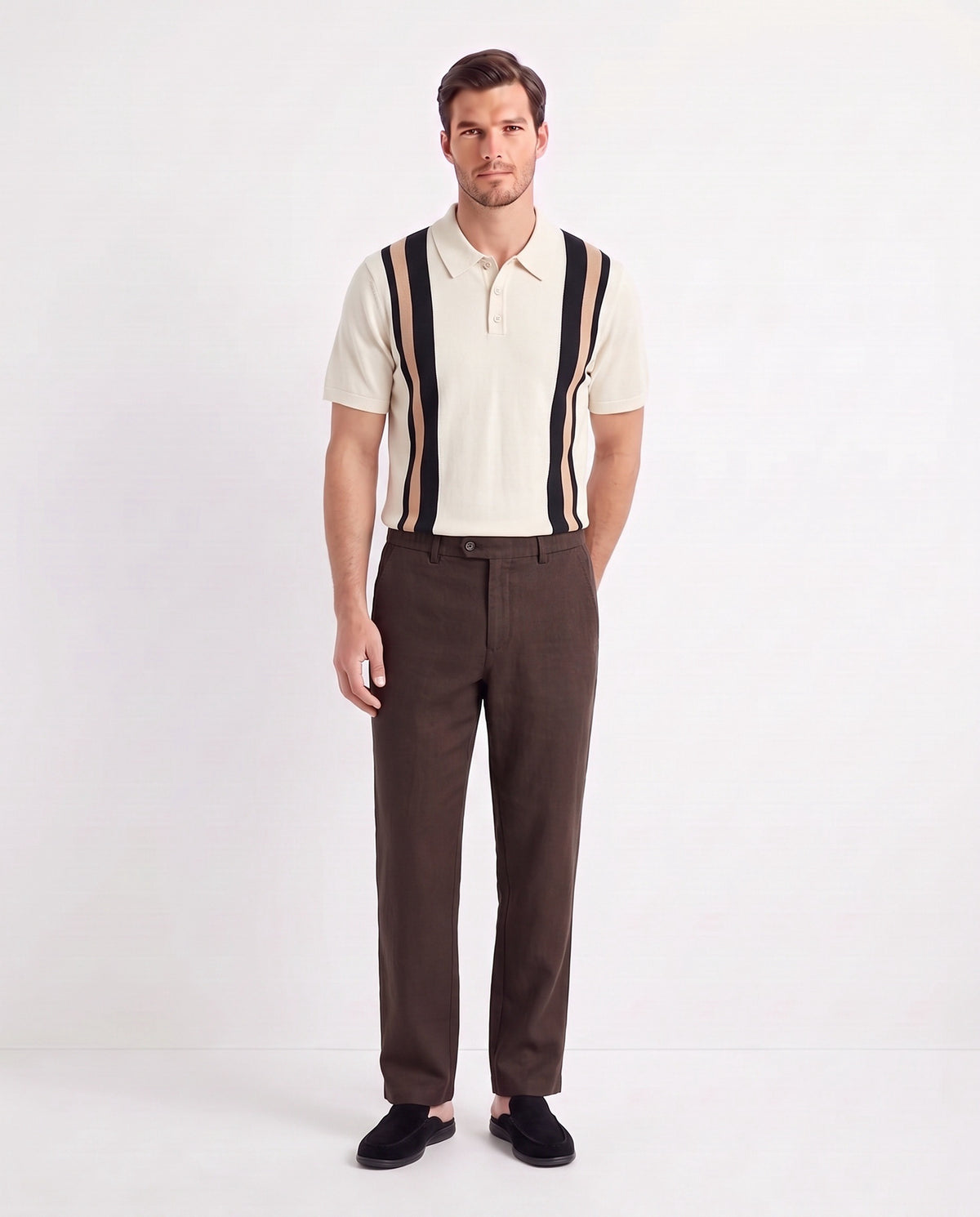 Retro Stripe Knit Polo — Cream — full look on the model, worn with Linen Trouser, Button Waist — Dark Brown and Dune Mule — Black, Black Sole