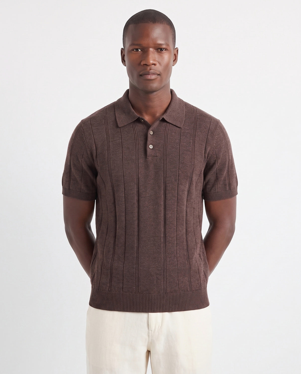 Ribbed Knit Polo — Brown — close-up on the model, worn with Linen Trouser, Button Waist — Cream and Terra Loafer — Cocoa, Beige Sole