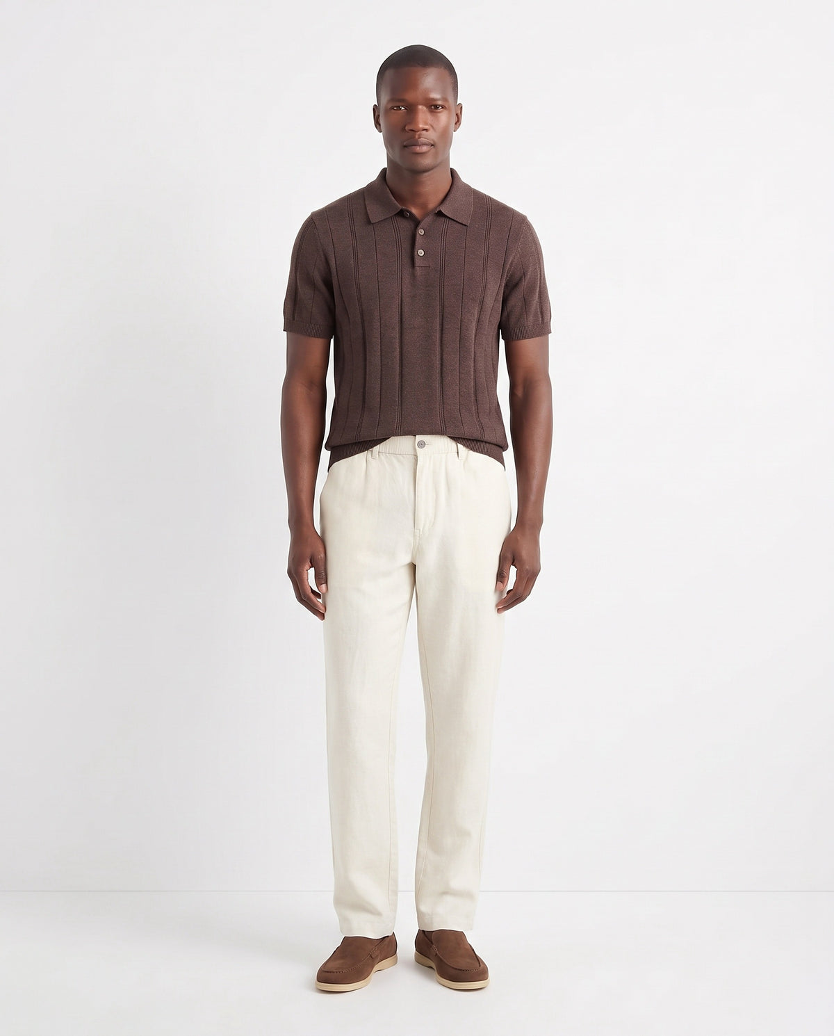 Ribbed Knit Polo — Brown — full look on the model, worn with Linen Trouser, Button Waist — Cream and Terra Loafer — Cocoa, Beige Sole