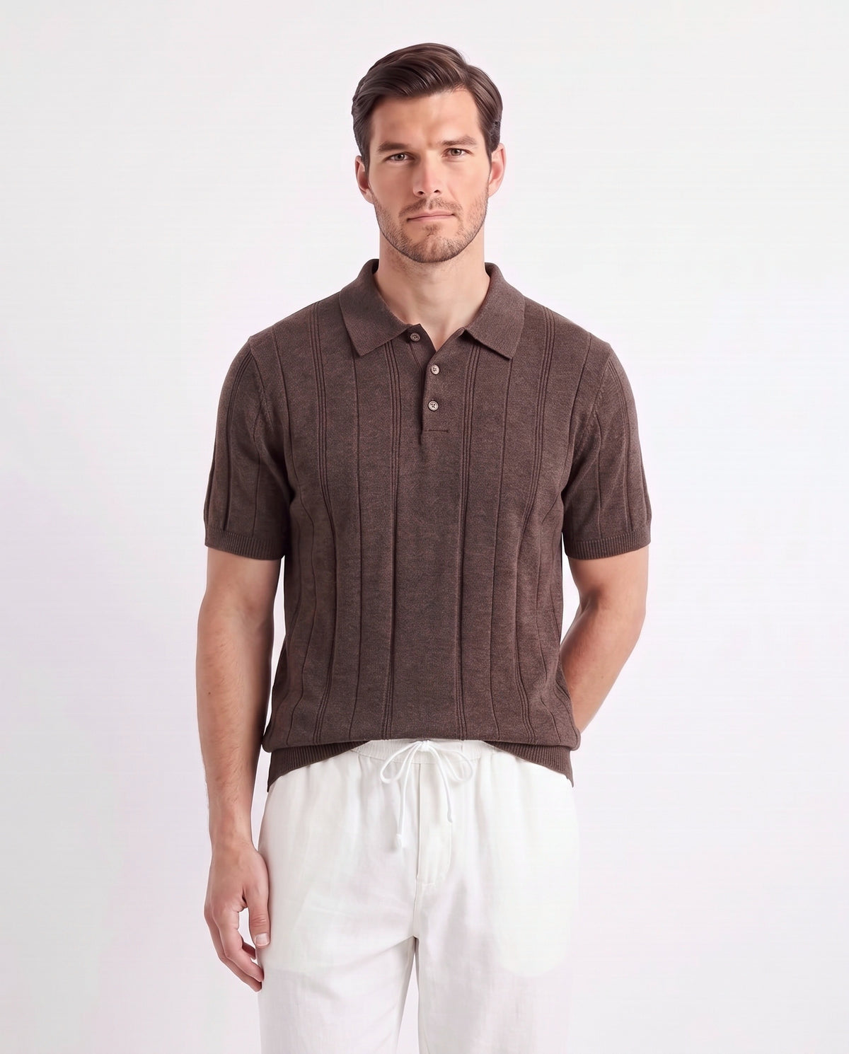 Ribbed Knit Polo — Brown — close-up on the model, worn with Linen Trouser, Drawstring — White and Terra Loafer — Light Brown, Beige Sole
