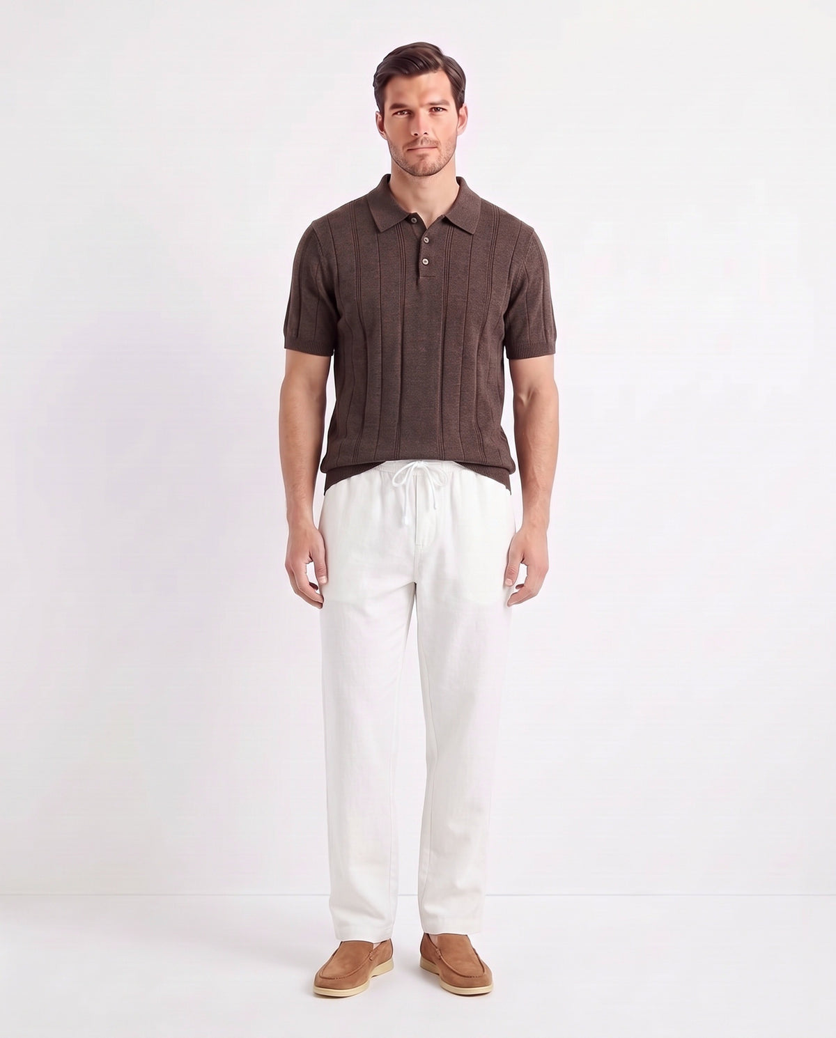 Ribbed Knit Polo — Brown — full look on the model, worn with Linen Trouser, Drawstring — White and Terra Loafer — Light Brown, Beige Sole