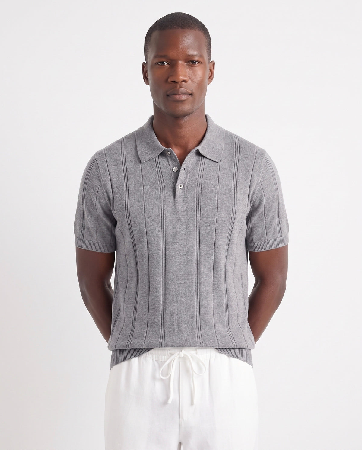 Ribbed Knit Polo — Grey — close-up on the model, worn with Linen Trouser, Drawstring — White and Dune Mule — Black