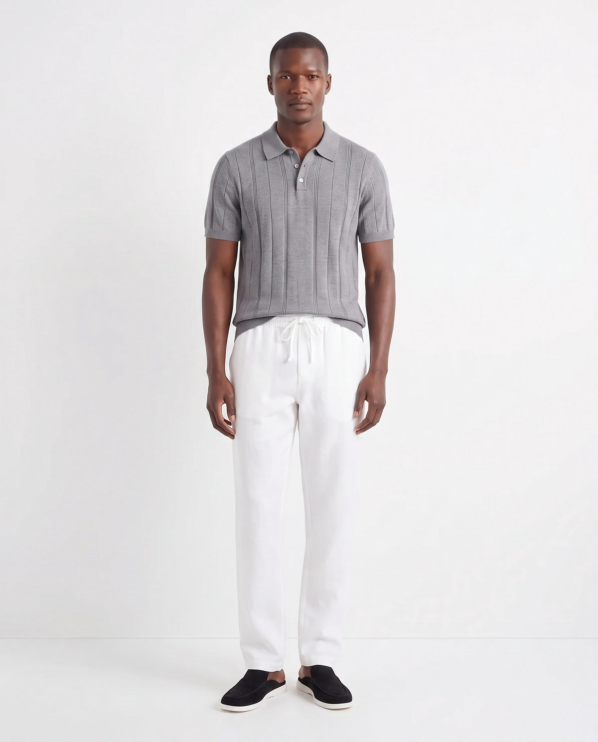 Ribbed Knit Polo — Grey — full look on the model, worn with Linen Trouser, Drawstring — White and Dune Mule — Black