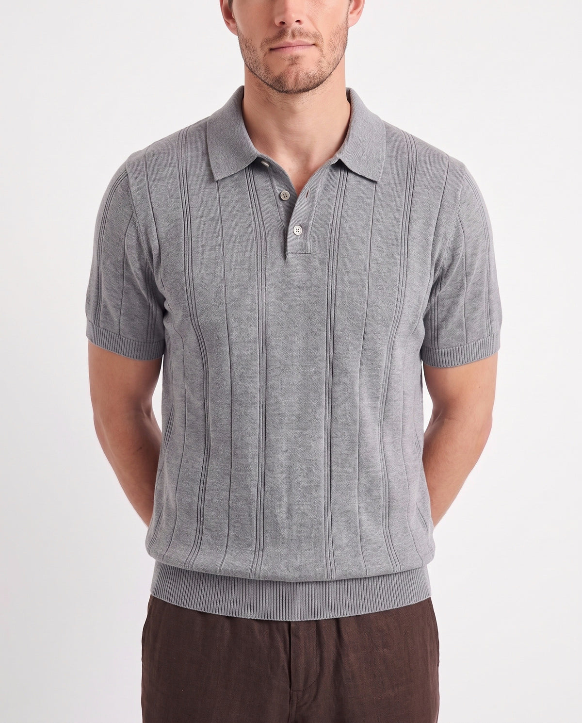 Ribbed Knit Polo — Grey — close-up on the model, worn with Linen Trouser, Button Waist — Dark Brown and Terra Loafer — Olive Suede, White Sole
