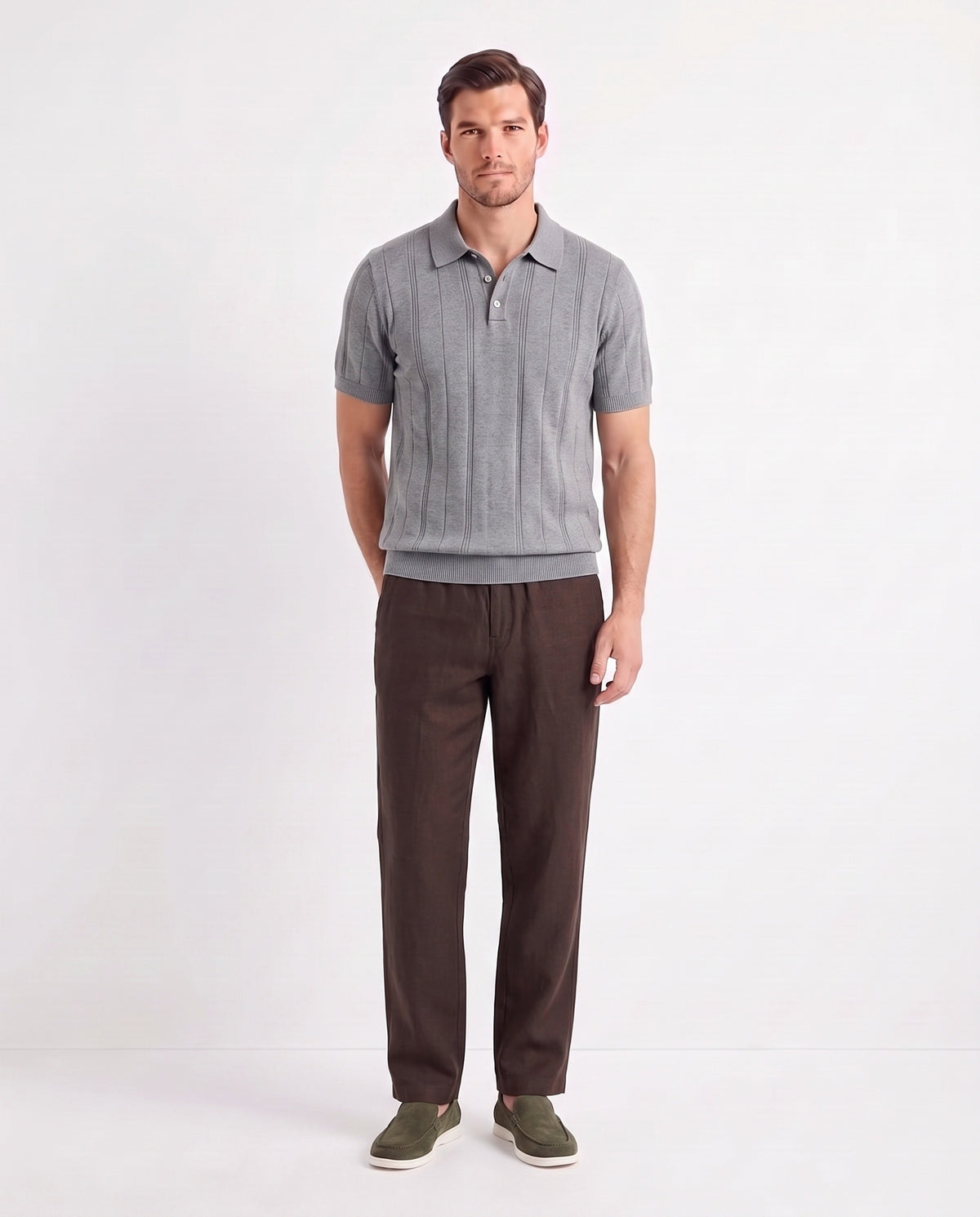 Ribbed Knit Polo — Grey — full look on the model, worn with Linen Trouser, Button Waist — Dark Brown and Terra Loafer — Olive Suede, White Sole