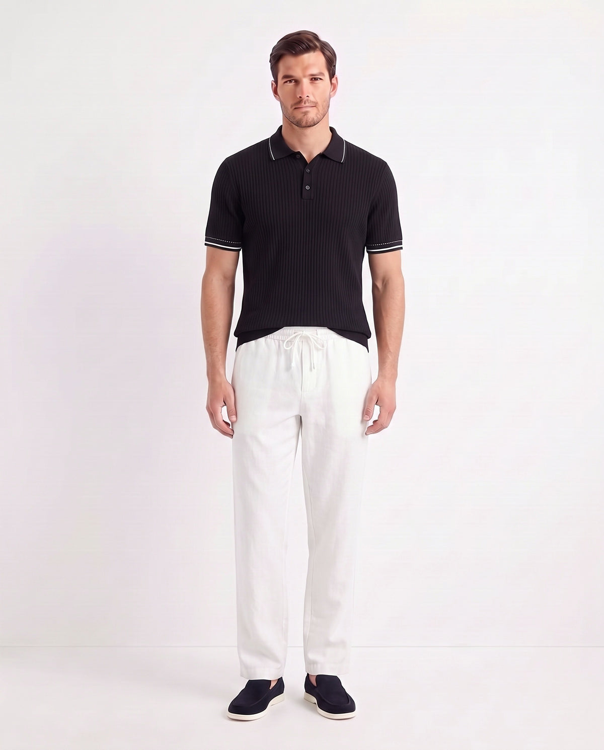 Stitch-Trim Ribbed Polo — Black — full look on the model, worn with Linen Trouser, Drawstring — White and Terra Loafer — Navy Suede, Beige Sole