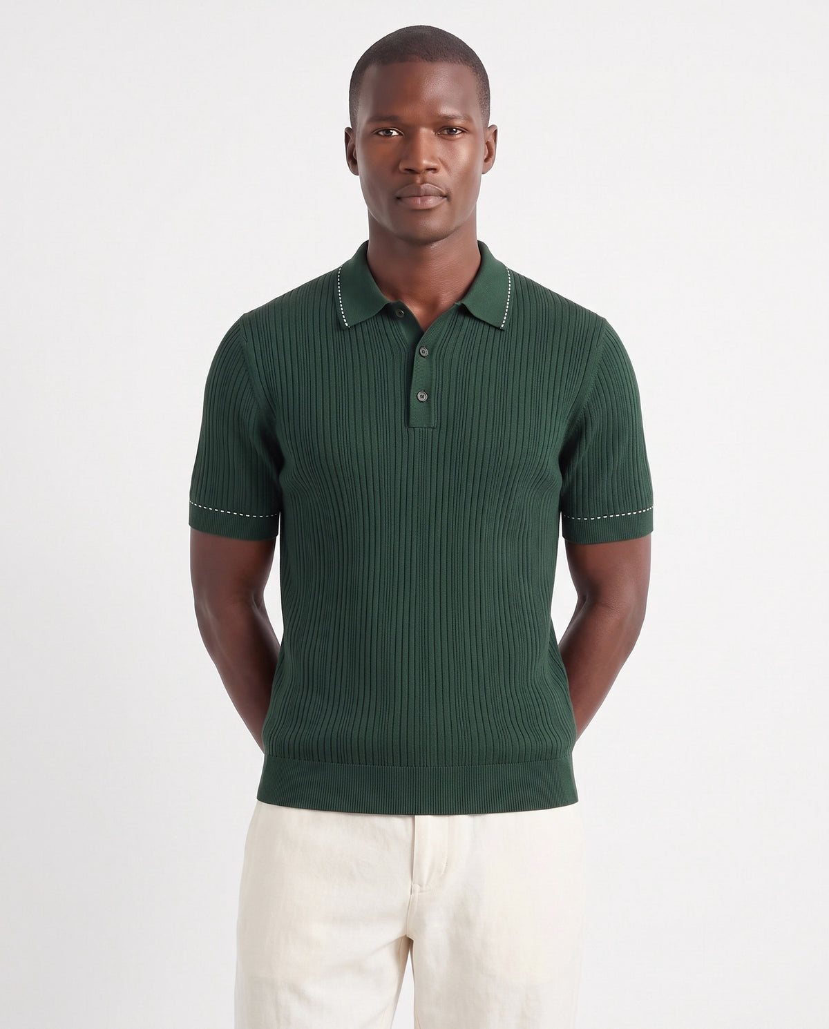 Stitch-Trim Ribbed Polo — Dark Green — close-up on the model, worn with Linen Trouser, Button Waist — Cream and Terra Loafer — Black Suede, Beige Sole