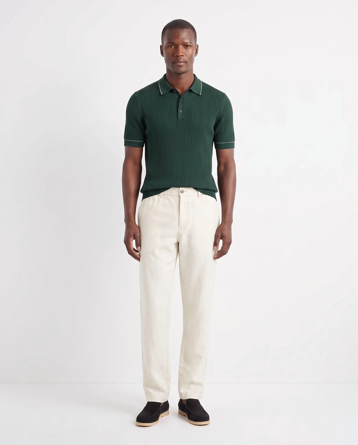 Stitch-Trim Ribbed Polo — Dark Green — full look on the model, worn with Linen Trouser, Button Waist — Cream and Terra Loafer — Black Suede, Beige Sole