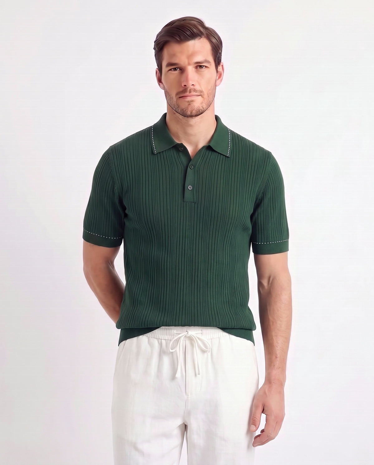 Stitch-Trim Ribbed Polo — Dark Green — close-up on the model, worn with Linen Trouser, Drawstring — White and Dune Mule — Dusk Blue