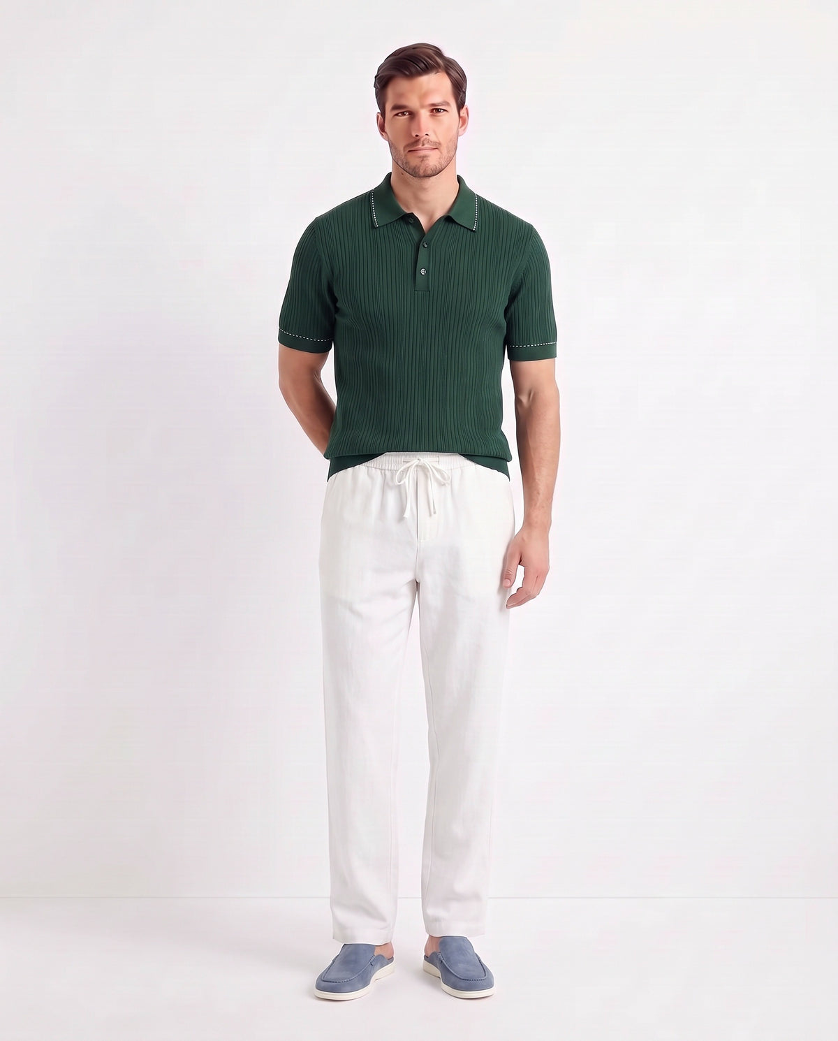 Stitch-Trim Ribbed Polo — Dark Green — full look on the model, worn with Linen Trouser, Drawstring — White and Dune Mule — Dusk Blue