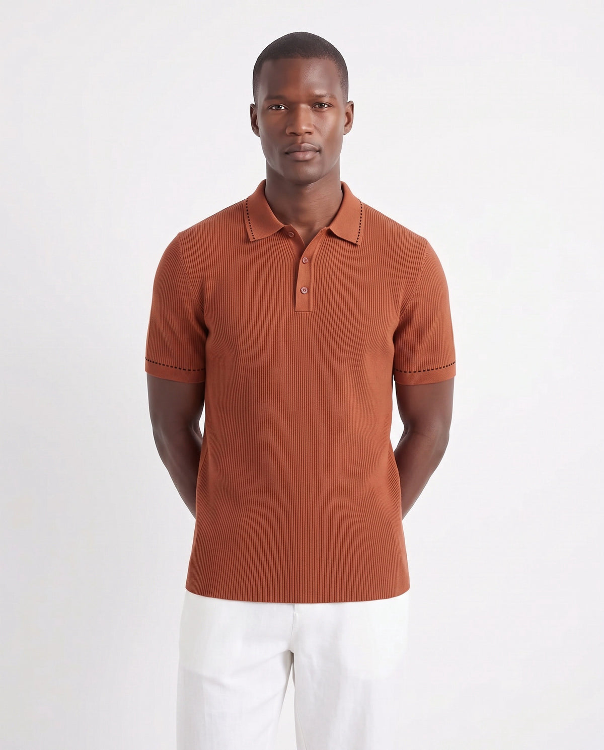 Stitch-Trim Ribbed Polo — Rust — close-up on the model, worn with Linen Trouser, Drawstring — White and Terra Loafer — Dark Brown, Beige Sole