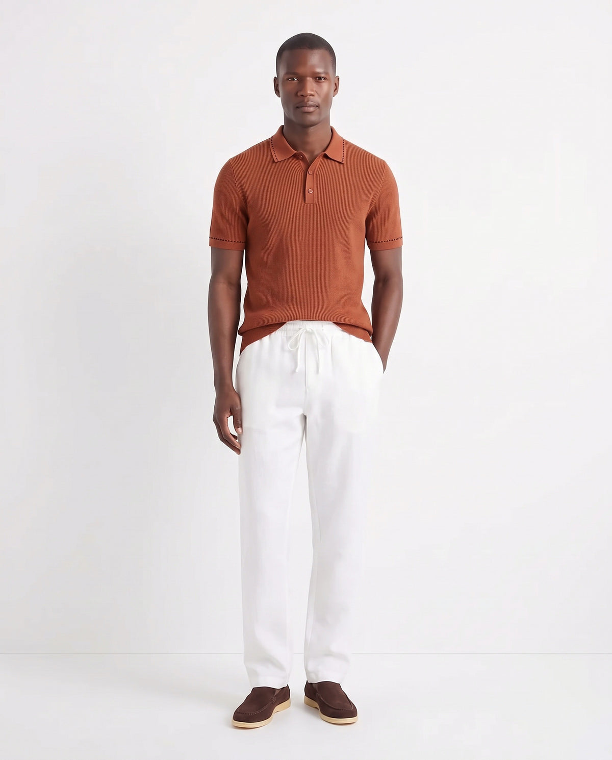 Stitch-Trim Ribbed Polo — Rust — full look on the model, worn with Linen Trouser, Drawstring — White and Terra Loafer — Dark Brown, Beige Sole