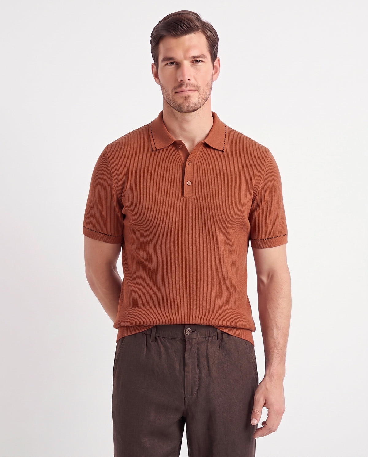 Stitch-Trim Ribbed Polo — Rust — close-up on the model, worn with Linen Trouser, Button Waist — Dark Brown and Dune Mule — Black, Black Sole