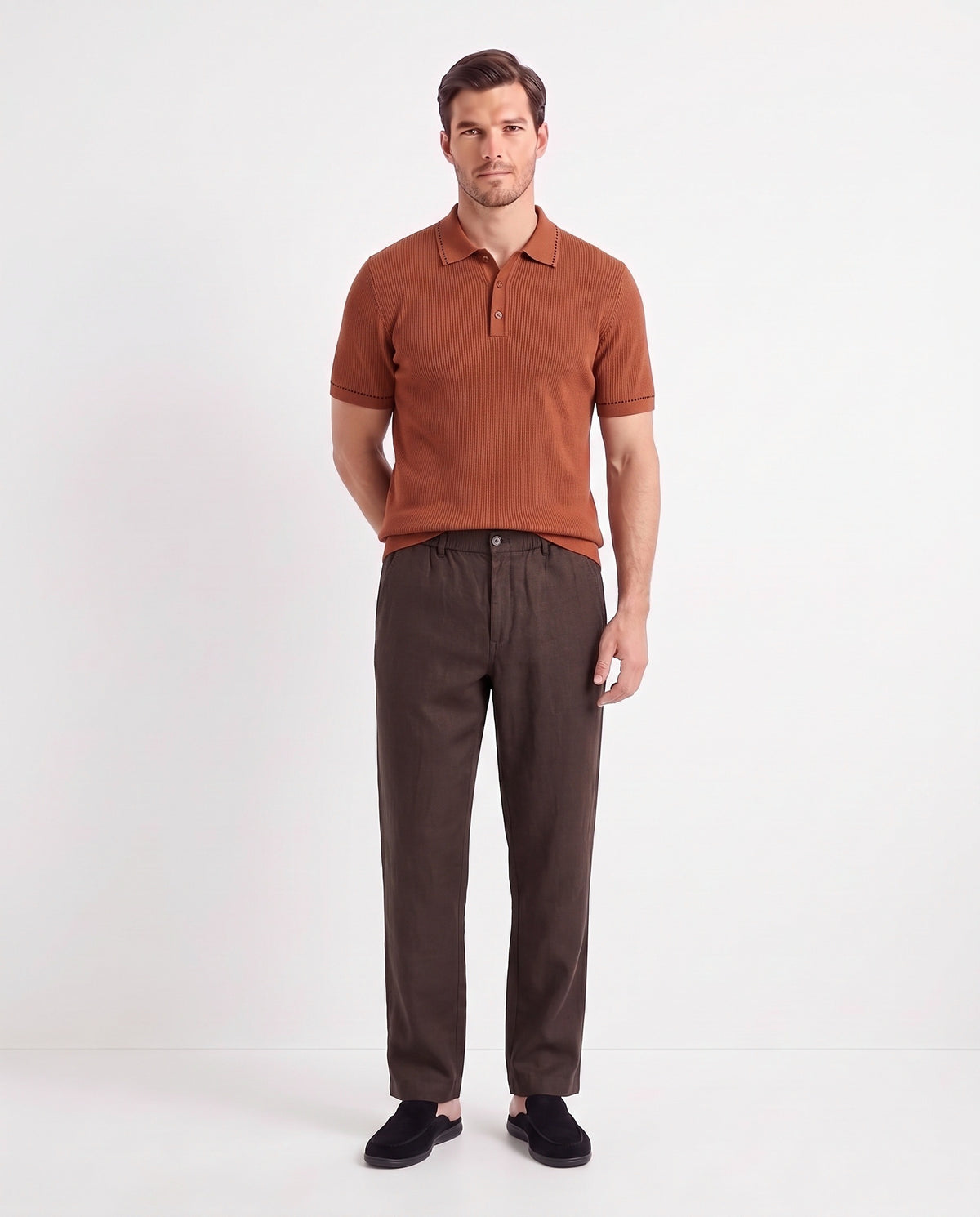 Stitch-Trim Ribbed Polo — Rust — full look on the model, worn with Linen Trouser, Button Waist — Dark Brown and Dune Mule — Black, Black Sole