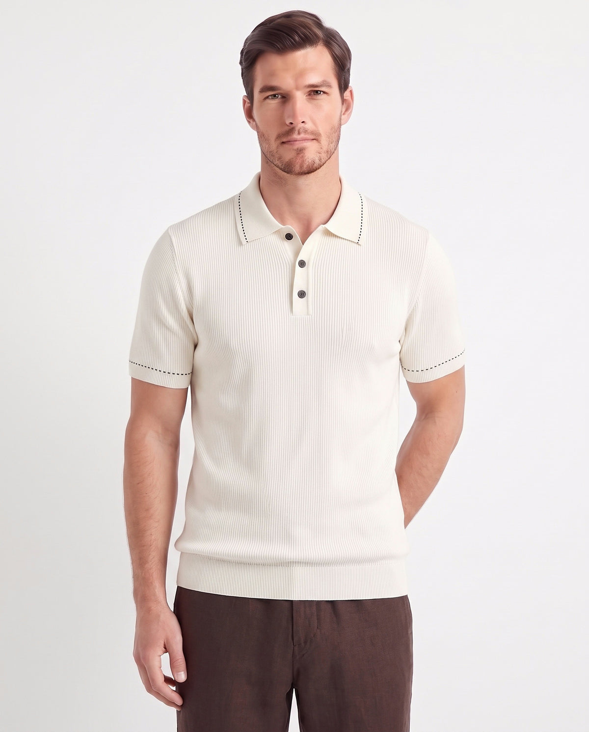 Stitch-Trim Ribbed Polo — White — close-up on the model, worn with Linen Trouser, Button Waist — Dark Brown and Dune Mule — Cream