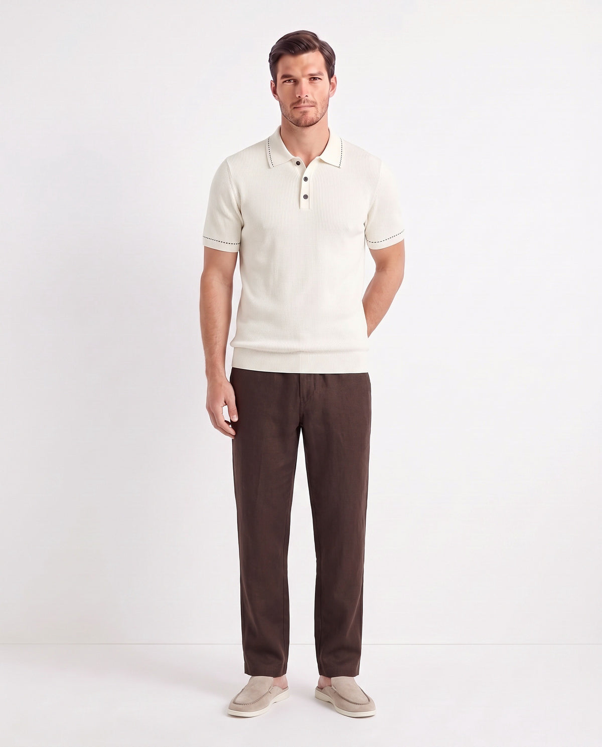 Stitch-Trim Ribbed Polo — White — full look on the model, worn with Linen Trouser, Button Waist — Dark Brown and Dune Mule — Cream