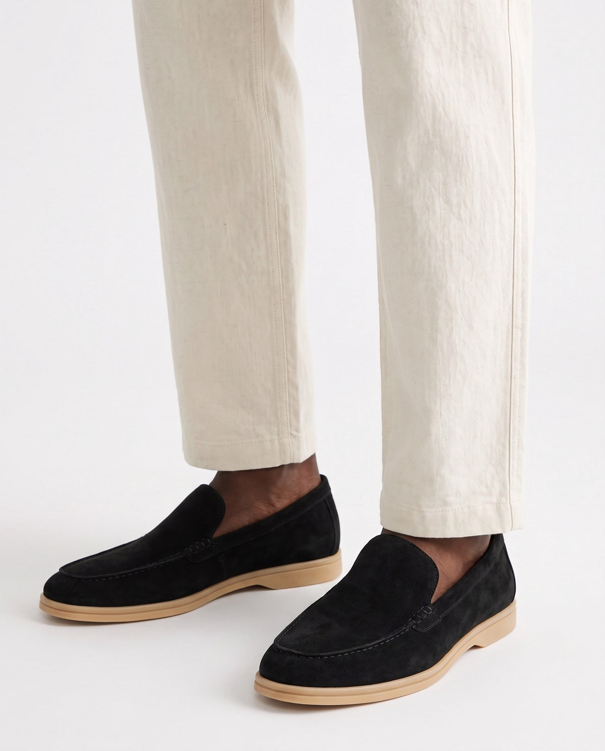 Terra Loafer — Black Suede, Beige Sole — on foot, close-up, worn with Contrast Collar Knit Polo — Olive and Linen Trouser, Button Waist — Cream