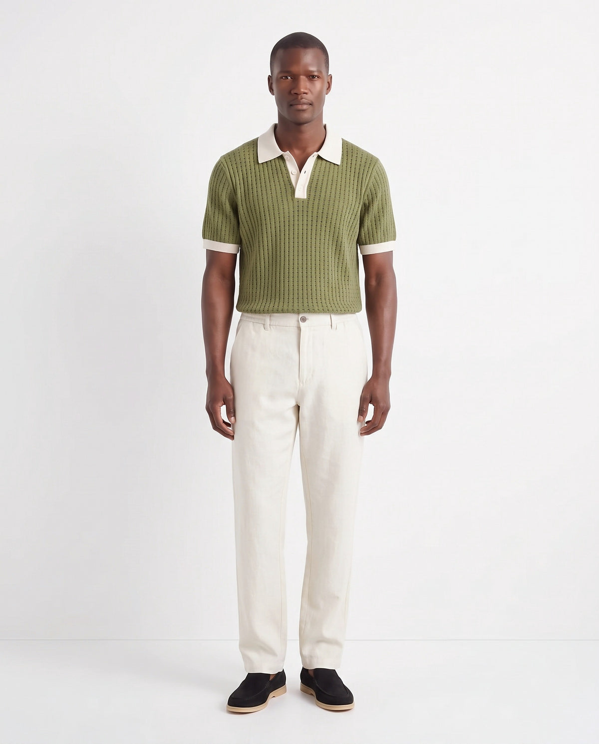 Terra Loafer — Black Suede, Beige Sole — full look on the model, worn with Contrast Collar Knit Polo — Olive and Linen Trouser, Button Waist — Cream