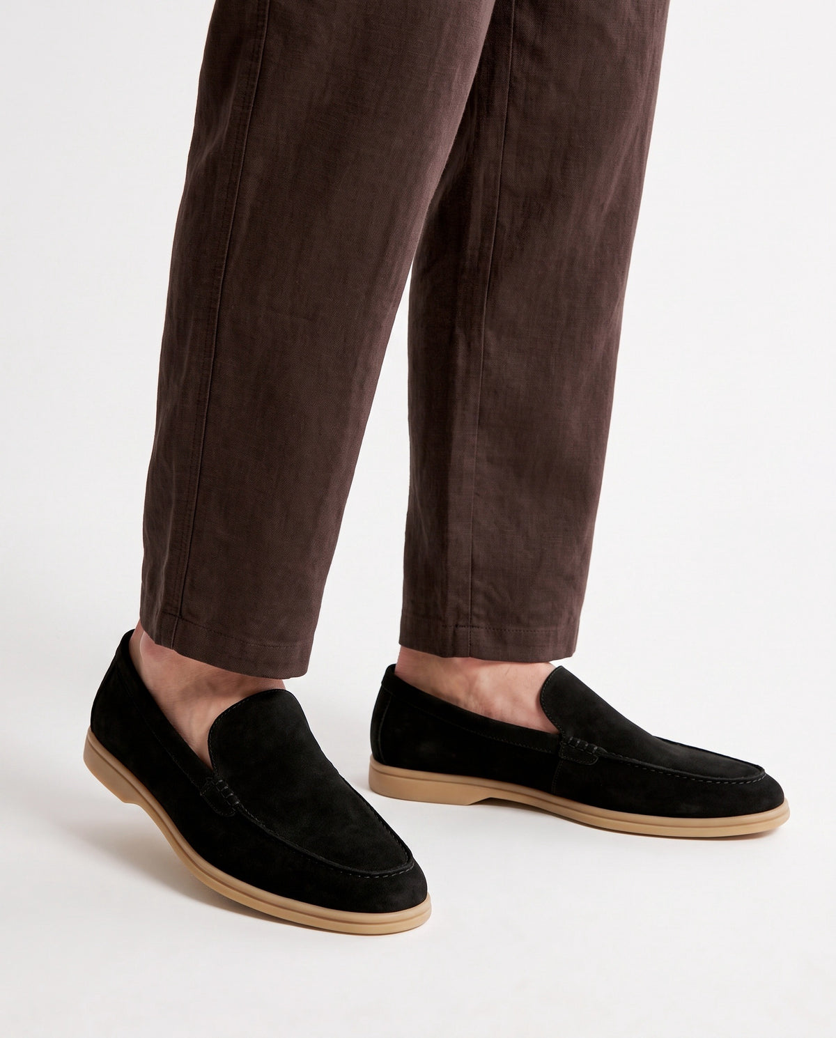 Terra Loafer — Black Suede, Beige Sole — on foot, close-up, worn with Contrast Collar Knit Polo — Grey and Linen Trouser, Button Waist — Dark Brown