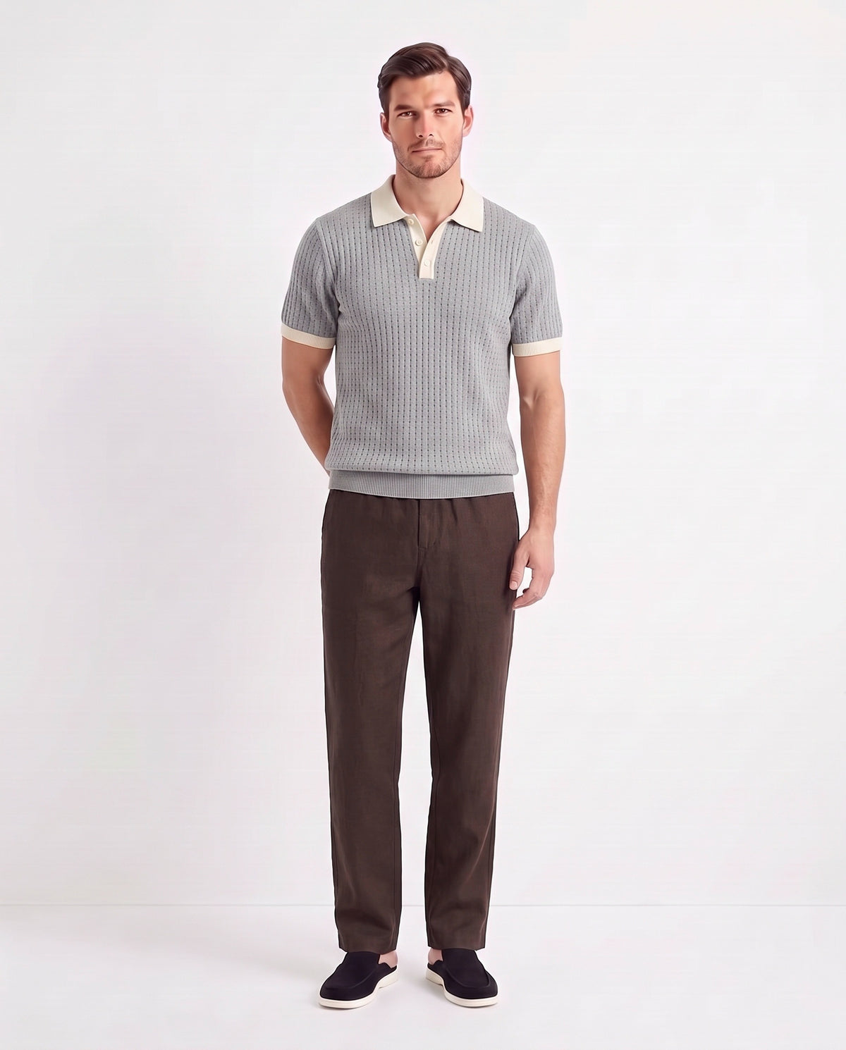 Terra Loafer — Black Suede, Beige Sole — full look on the model, worn with Contrast Collar Knit Polo — Grey and Linen Trouser, Button Waist — Dark Brown