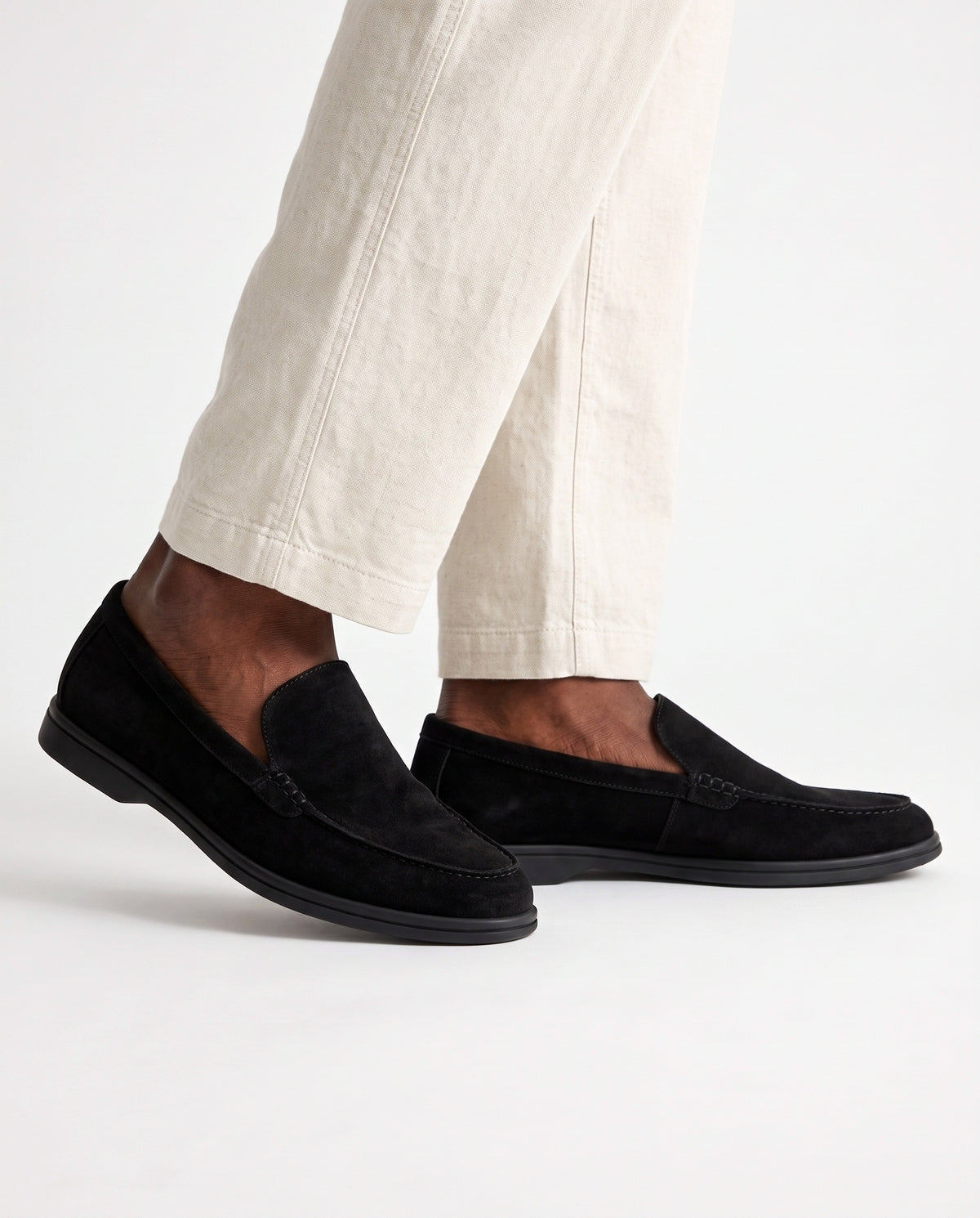 Terra Loafer — Black Suede, Black Sole — on foot, close-up, worn with Contrast Collar Knit Polo — Olive and Linen Trouser, Button Waist — Cream