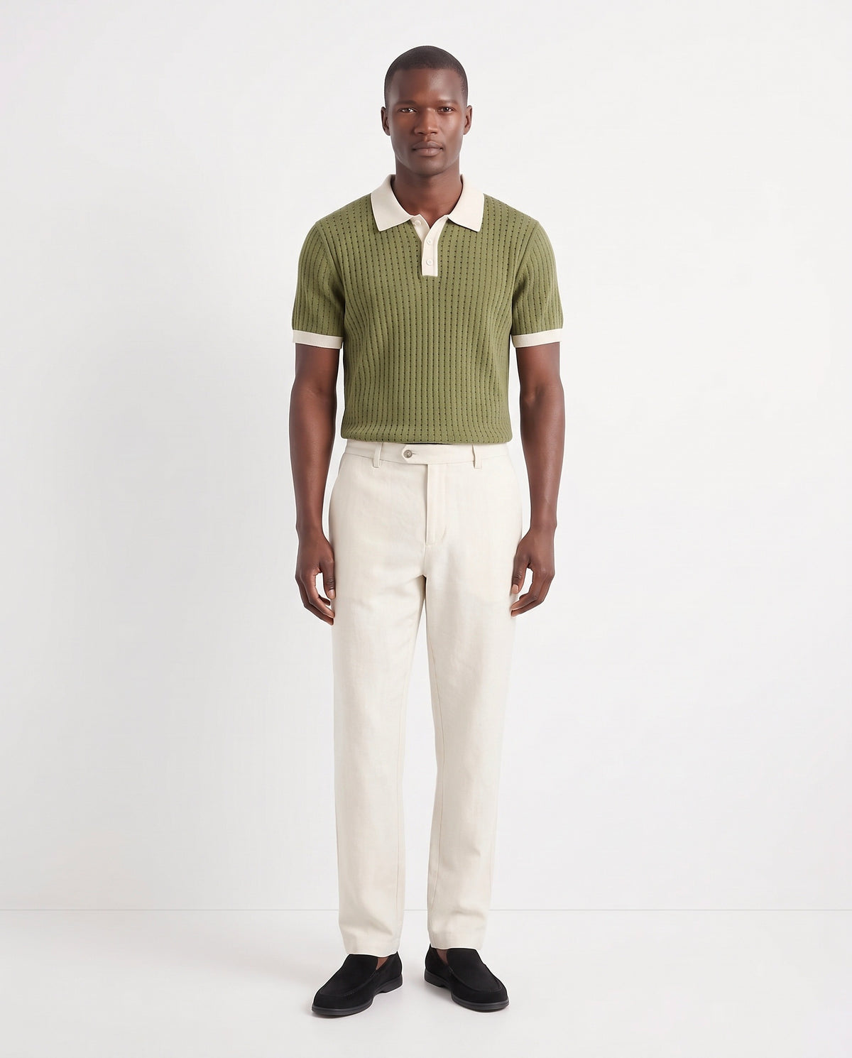 Terra Loafer — Black Suede, Black Sole — full look on the model, worn with Contrast Collar Knit Polo — Olive and Linen Trouser, Button Waist — Cream