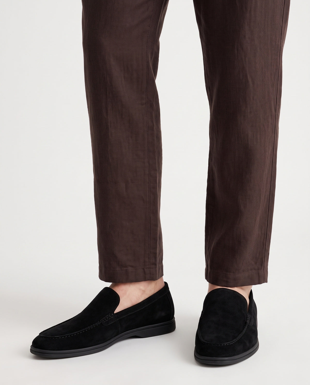 Terra Loafer — Black Suede, Black Sole — on foot, close-up, worn with Ribbed Knit Polo — Grey and Linen Trouser, Button Waist — Dark Brown