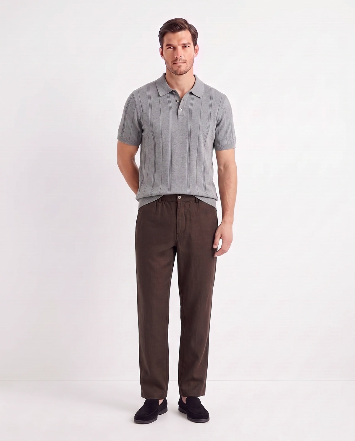 Terra Loafer — Black Suede, Black Sole — full look on the model, worn with Ribbed Knit Polo — Grey and Linen Trouser, Button Waist — Dark Brown