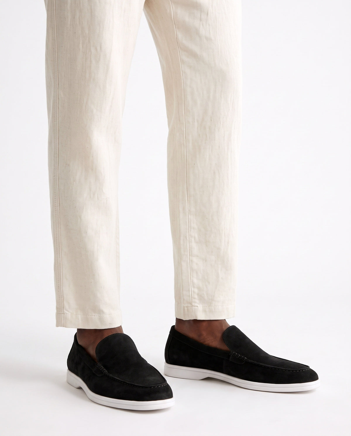 Terra Loafer — Black Suede, White Sole — on foot, close-up, worn with Ribbed Knit Polo — Brown and Linen Trouser, Button Waist — Cream
