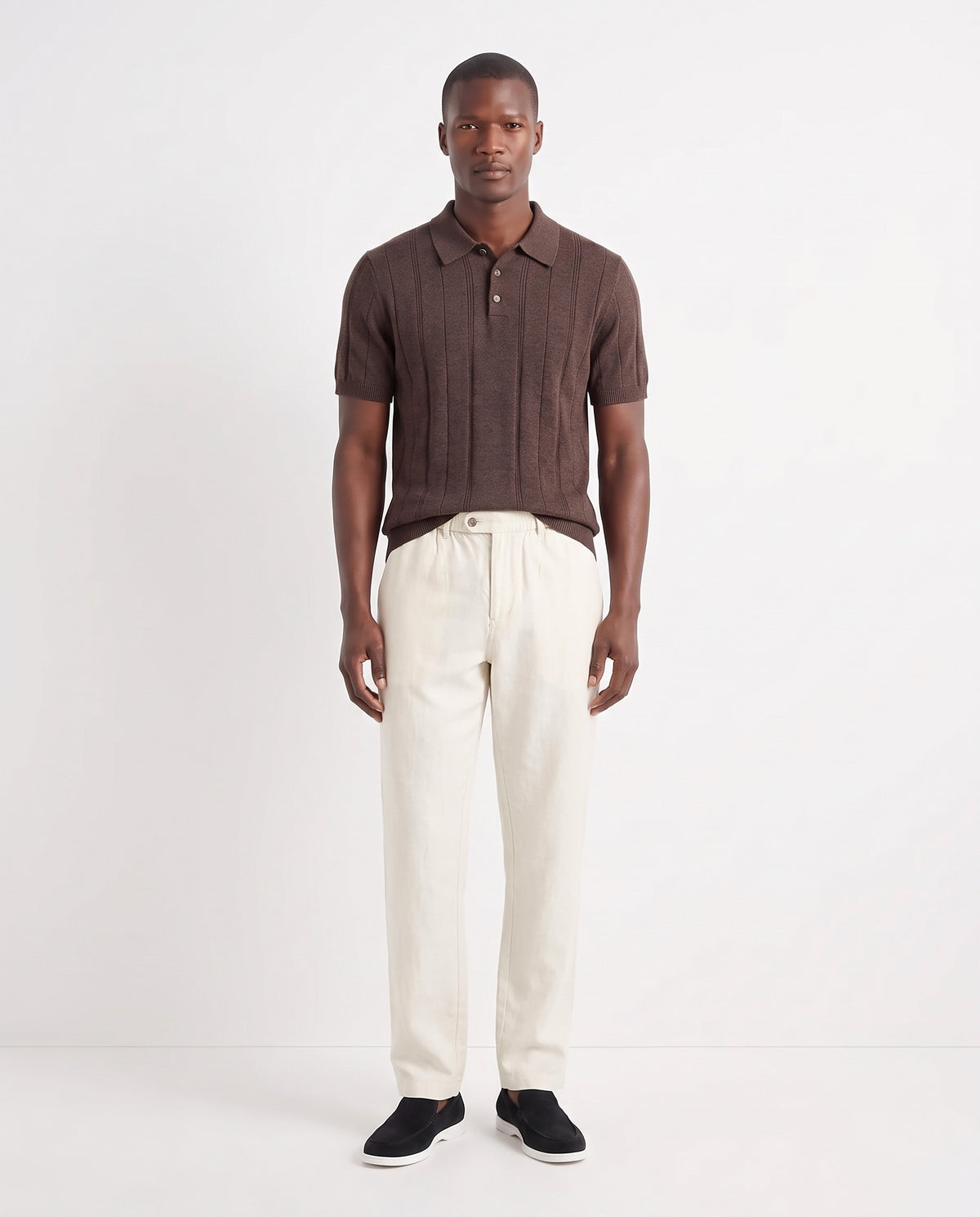 Terra Loafer — Black Suede, White Sole — full look on the model, worn with Ribbed Knit Polo — Brown and Linen Trouser, Button Waist — Cream