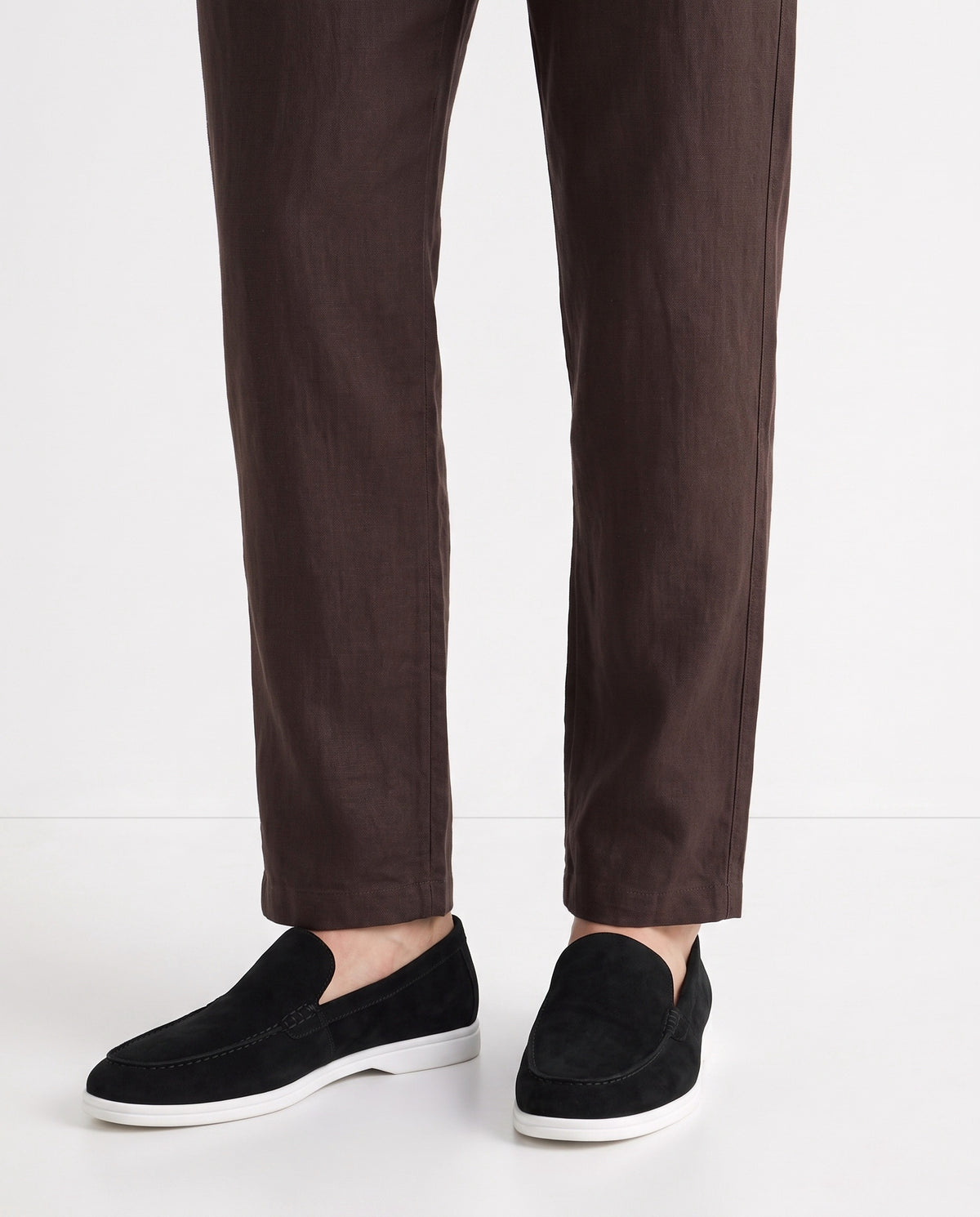 Terra Loafer — Black Suede, White Sole — on foot, close-up, worn with Retro Stripe Knit Polo — Cream and Linen Trouser, Button Waist — Dark Brown