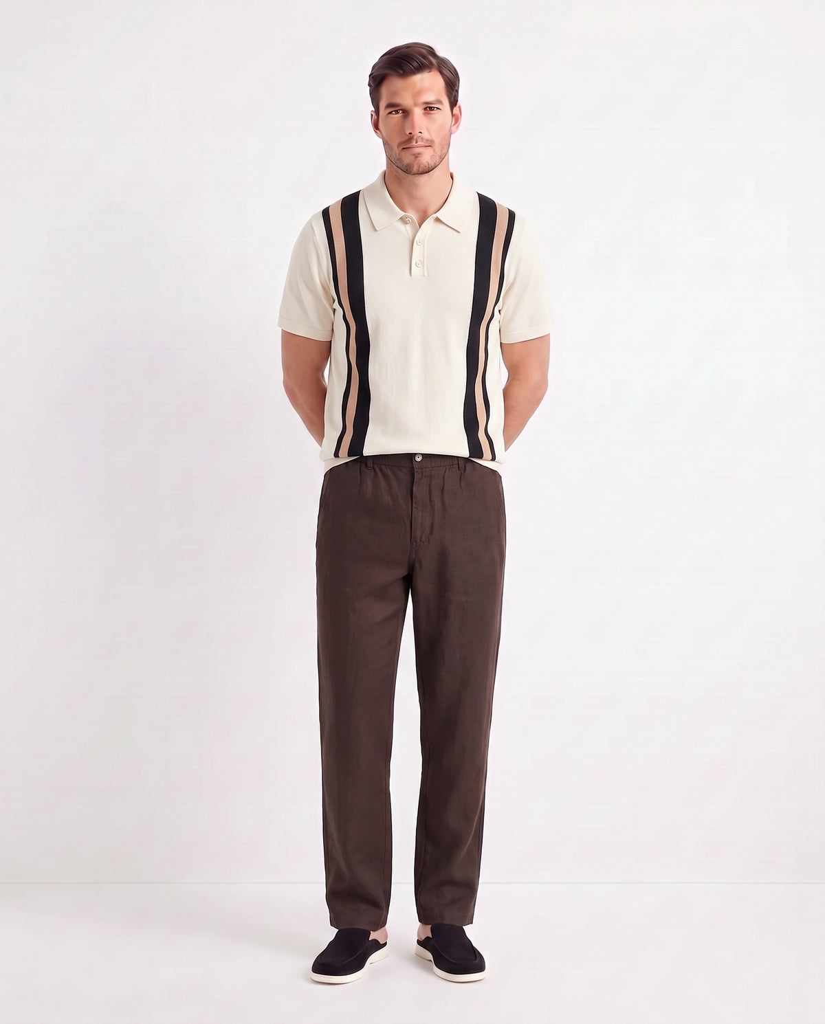 Terra Loafer — Black Suede, White Sole — full look on the model, worn with Retro Stripe Knit Polo — Cream and Linen Trouser, Button Waist — Dark Brown