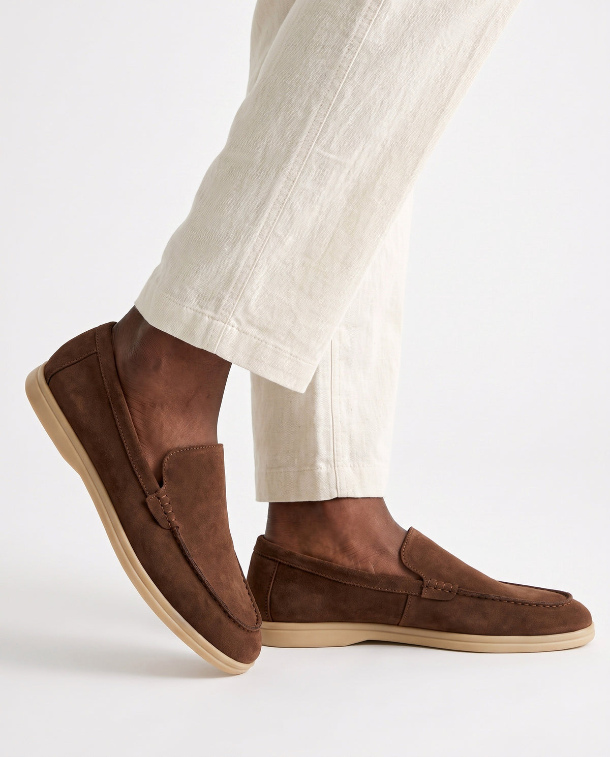Terra Loafer — Cocoa, Beige Sole — on foot, close-up, worn with Contrast Collar Knit Polo — Rust and Linen Trouser, Button Waist — Cream