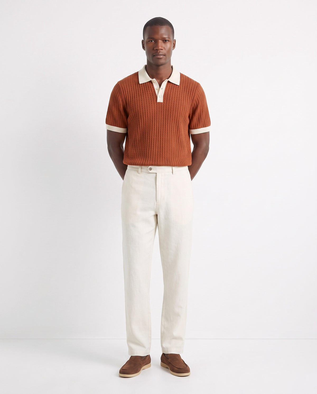 Terra Loafer — Cocoa, Beige Sole — full look on the model, worn with Contrast Collar Knit Polo — Rust and Linen Trouser, Button Waist — Cream